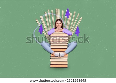 Photo artwork graphics collage painting of happy smiling lady collecting book home library isolated green color background