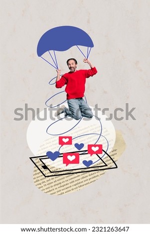 Collage of funny mature age man jump flying parachuting addiction phone screen notifications popularity likes isolated on beige background