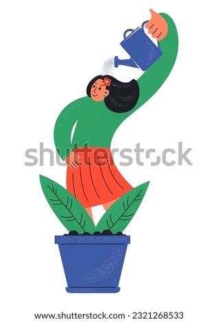 Woman in flowerpot watering herself. Selfcare, personal self-development, psychology concept. 