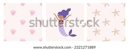 Cute cartoon magical mermaid. Adorable fairytale, mythological underwater princesses. Flat cartoon colorful vector seamless pattern Royalty-Free Stock Photo #2321271889