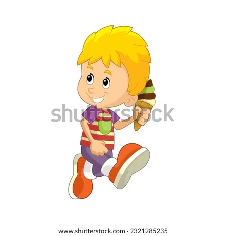 cartoon scene with young boy eating ice cream having fun isolated illustation for kids