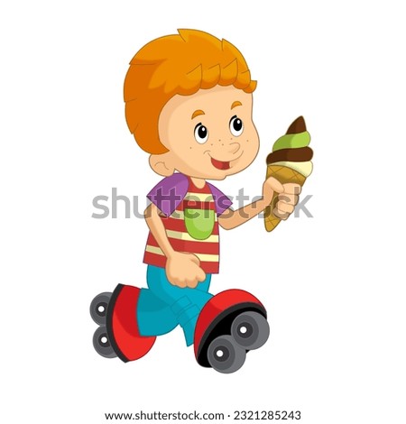 cartoon scene with young boy eating ice cream having fun isolated illustation for kids