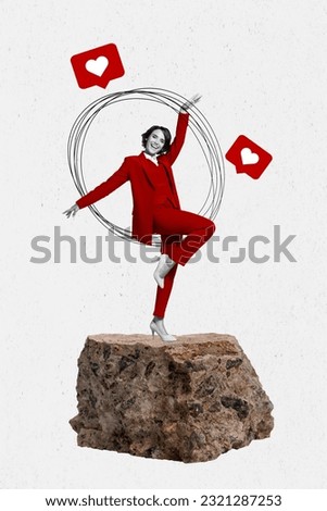 Promo banner collage picture of young girlish feminine lady candid posing wear red suit sympathy icon isolated on grey color background