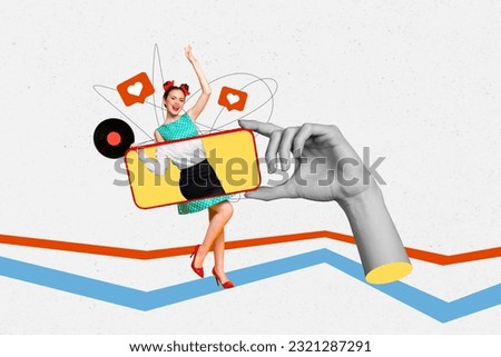 Picture sketch collage image of carefree lady finishing work enjoying pin up party isolated creative background Royalty-Free Stock Photo #2321287291