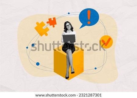 Collage image 3d artwork of smiling curious lady sitting cube thinking solving task working project isolated on painted background