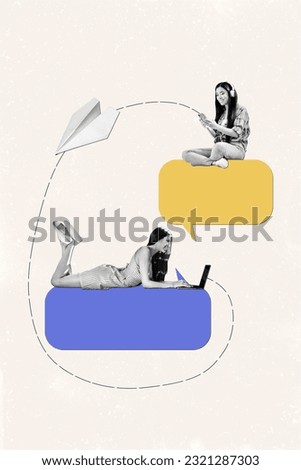 Collage of two girls send messages texting email telegram paper airplane notification ukraine flag freedom isolated on beige background