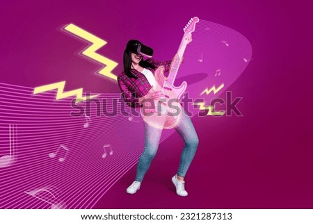 Futurism banner poster collage of crazy excited lady using goggles imagine playing holographic electric guitar Royalty-Free Stock Photo #2321287313