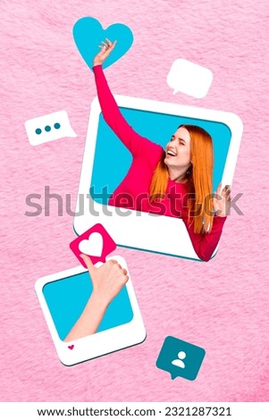 Vertical illustration collage of young blogging woman inside instagram frame popular account thumb up feedback isolated on pink background Royalty-Free Stock Photo #2321287321