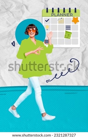Photo artwork illustration collage of young working student girl walk watch her planner schedule to do list isolated on grey background