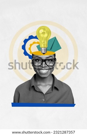 Vertical collage image 3d artwork of smiling successful woman solving task creativity inspiration concept isolated on painted background
