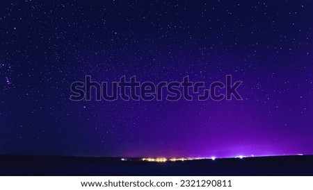 Colourful Night Starry Sky In Blue Colors. Night Dark Blue Sky Glowing Stars Background Backdrop With Sky Gradient. Amazing Night View Sky Above Village.