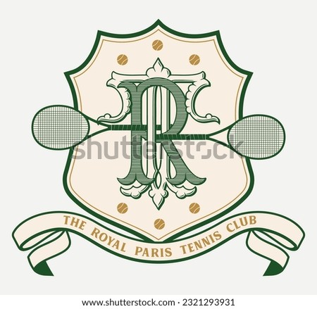 logo slogan graphic, retro royal tennis with shield. ball and raquet. palm beach Country club summer SS23 tennis crest sport  Royalty-Free Stock Photo #2321293931