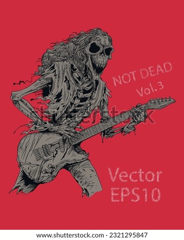 Hand drawn of Skeleton Rocker Playing Guitar Images, Illustration, Poster, Postcard, Vector , Tshirt, ceramic.  