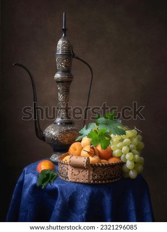 Still life with apricots and grapes