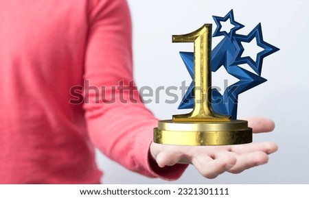 A 3d render design of number one golden trophy with stars in a hand