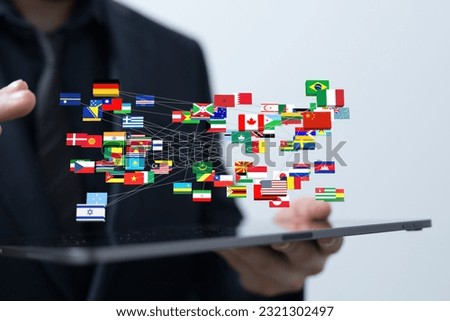 A 3D rendering of the world's national flags on a blurry background