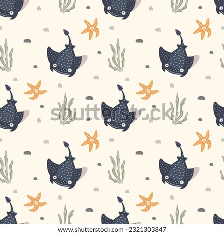 Seamless pattern with cartoon blue stingrays and starfish on a light background, vector.