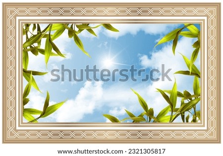 3D stretch ceiling decor image. Bottom up view of sunny beautiful blue sky and green leaves in golden yellow decorative frame