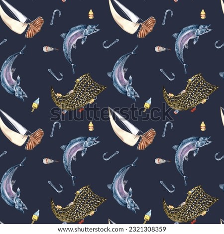 Seamless pattern of sea fish and sail boat watercolor illustration isolated on black. Fishing boat and salmon, trout hand drawn. Design element for textile, packaging, wrapping, background, market