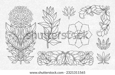 Floral bay leaf in art nouveau 1920-1930. Hand drawn in a linear style with weaves of lines, leaves and flowers. Vector illustration.