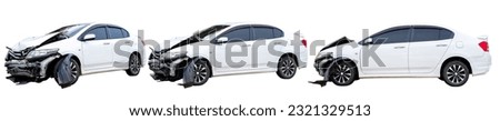 Set of Front and side of white car get damaged by accident on the road. damaged cars after collision. isolated on white background with clipping path, Car broken form accident on the road Royalty-Free Stock Photo #2321329513