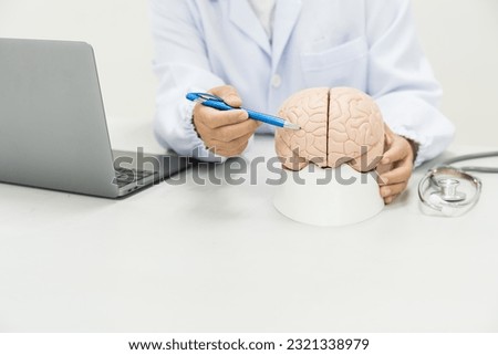 Neurologist hand pointing brain anatomy human model and brain disease lesion on white background.Part of human body model with organ system for health student study in university.Medical education.