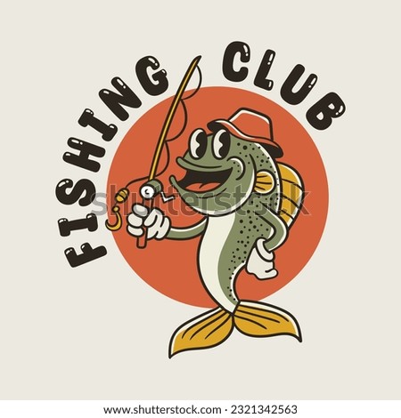 illustration of a fish cartoon character holding a fishing rod in vintage style