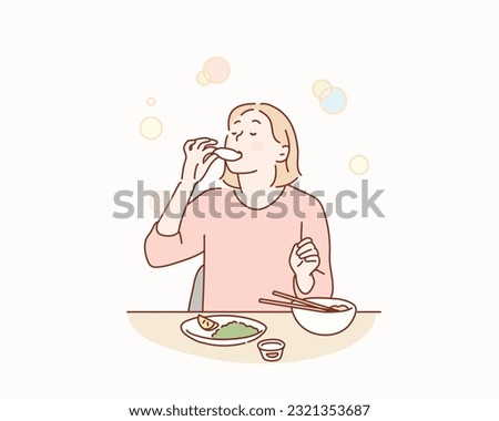 eat breakfast. Woman Eating Delicious Meal. Hand drawn style vector design illustrations. Royalty-Free Stock Photo #2321353687