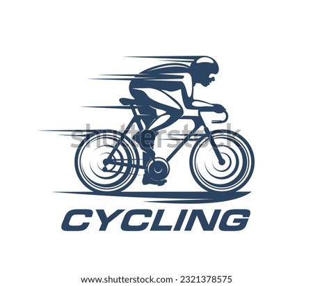 Cycling sport icon, bike racer silhouette or cyclist, bicycle sport team vector sign. Cycling sport tour of bike racing competition emblem with cyclist silhouette in helmet riding in speed line Royalty-Free Stock Photo #2321378575