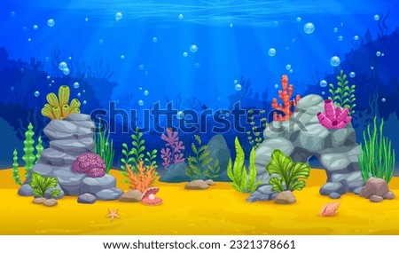 Cartoon underwater landscape and coral reef background, vector undersea world. Sea or ocean underwater landscape with fish silhouette, corals, seashell, starfish and seaweeds on undersea rocks Royalty-Free Stock Photo #2321378661