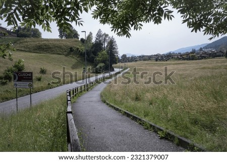 Cycle and pedestrian path of the Seriana valley in Rovetta towards Clusone with fields of tall unmown grass beside it Royalty-Free Stock Photo #2321379007