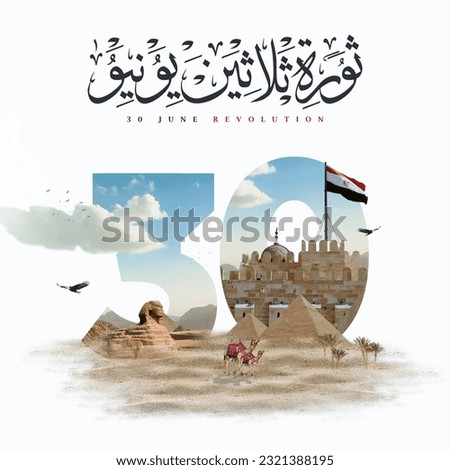 Egypt revolution poster on a cloudy, grungy and blured background. arabic calligraphy means ( June 30 Egyptian Revolution ) Royalty-Free Stock Photo #2321388195
