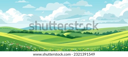 Beautiful landscape vector illustration of mountains, forests, fields and meadows. Stunning panoramic farm landscape with mountains in the background. landscape for printing. Royalty-Free Stock Photo #2321391549