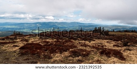 Rychlebske hory, Kralicky Sneznik and few other mountain ranges from Keprnik hill summit in Jeseniky mountains in Czech republic Royalty-Free Stock Photo #2321392535
