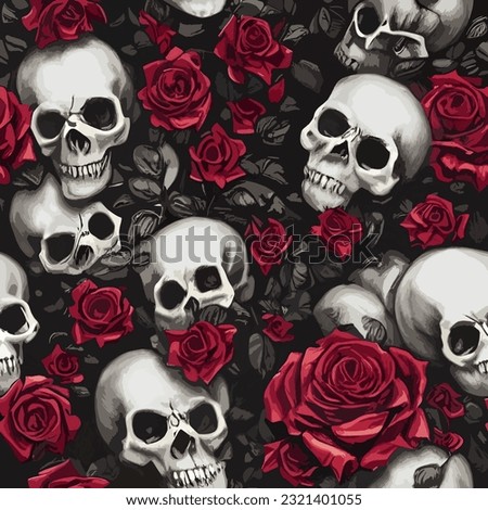 seamless pattern skulls and roses background nature death texture illustration skeletal art floral ornament spooky image colorful modern horror bone endless repeat eps vector Royalty-Free Stock Photo #2321401055
