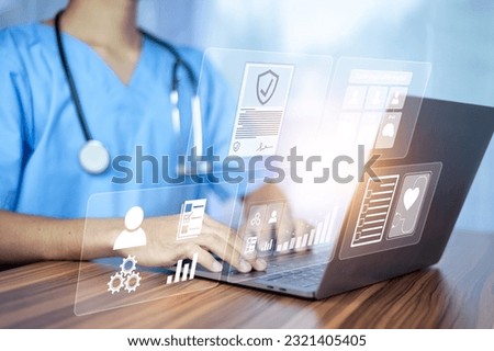 Doctor using computer working in hospital, Doctor using computer checking data patient document, Doctor using computer for health care hospital background	