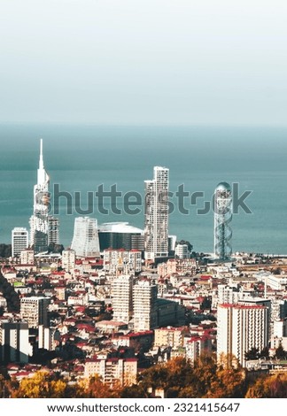 Panoramic View Batumi coast and tourist attractions with black sea background. Vacation holidays in caucasus. Georgian vegas.