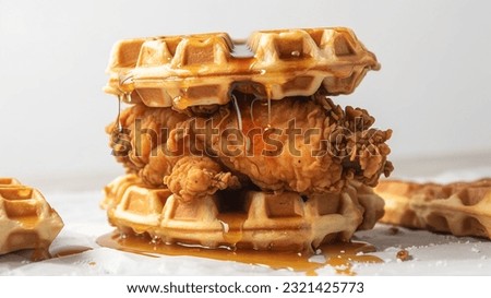 Chicken and waffles drizzled with syrup Royalty-Free Stock Photo #2321425773