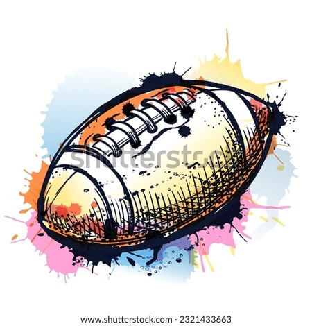 American football sports ball on watercolor colorful splash background. Vector hand drawn sketch illustration. Competition championship concept. Sports print, poster or banner design element