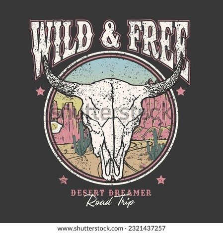 Wild and Free desert cow skull western print design Royalty-Free Stock Photo #2321437257