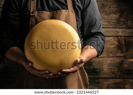cheesemaker hold big slice of cheese maasdam in hand. Cheese with big holes. head of handcrafted hard cheese. Long banner format. top view. Royalty-Free Stock Photo #2321446527