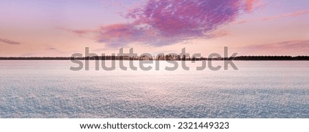 panorama panoramic Natural Sunset Sunrise Over Field Or Meadow. Pink Color Sky Over Winter Snowy Ground. Landscape Under Scenic Sky At Sunset Dawn Sunrise. Skyline, Horizon. Royalty-Free Stock Photo #2321449323
