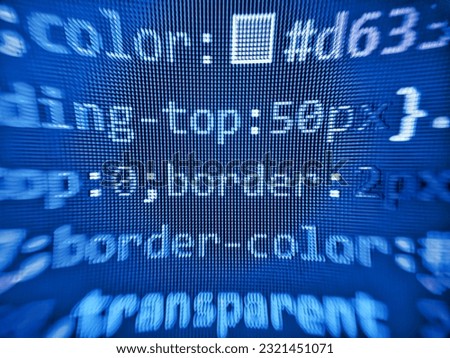 Close up of computer web page code inside of html file. Business Corporate Word Search Puzzle. Software developer screen background- source code script. Lines of css code visible