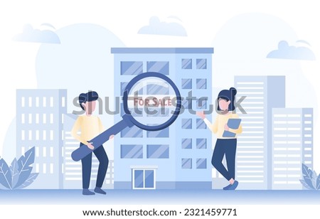 Mortgage or real estate rental concept. Searching for condominiums or apartments in the real estate market. Information, explore options and engage with agents or owners. Flat vector illustration. Royalty-Free Stock Photo #2321459771