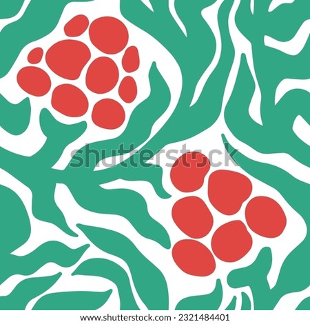 Matisse Aesthetic Berry Seamless Pattern. Abstract Doodle Curves Leaves and Berries in Naive Hippie 1970 style. Groovy Floral Vector Art in Green and Red Colors for T-Shirts, Wallpaper, Case Phone.