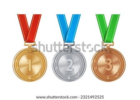 Realistic set of golden, silver, and bronze medals on colorful ribbons. Sports competition awards for 1st, 2nd, and 3rd place. Championship rewards for achievements and victories.
