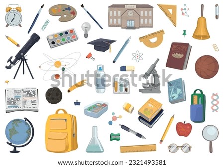 School attributes doodles collection. Set of textbooks, laboratory and classes equipment, stationery items. Cartoon style vector illustrations. Back to school clip arts isolated on white..