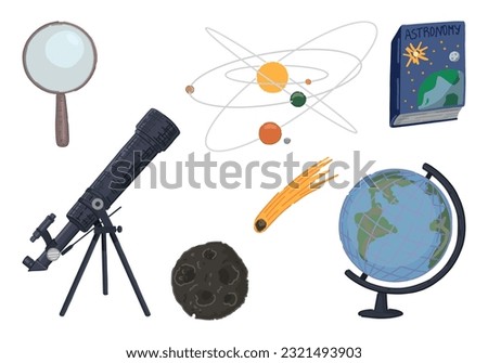 Astronomy lesson school attributes collection. Set of telescope, globe, textbook, magnifying glass, cosmic body. Cartoon vector illustrations. Back to school clip arts isolated on white..