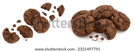 chocolate cookies broken isolated on white background with full depth of field. Top view. Flat lay Royalty-Free Stock Photo #2321497791