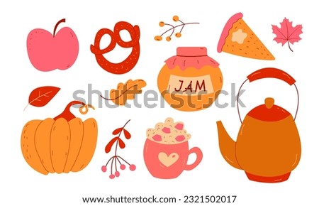 Autumn set, bundle of hand drawn clip arts of seasonal food and drinks, vector illustrations. Sticker pack